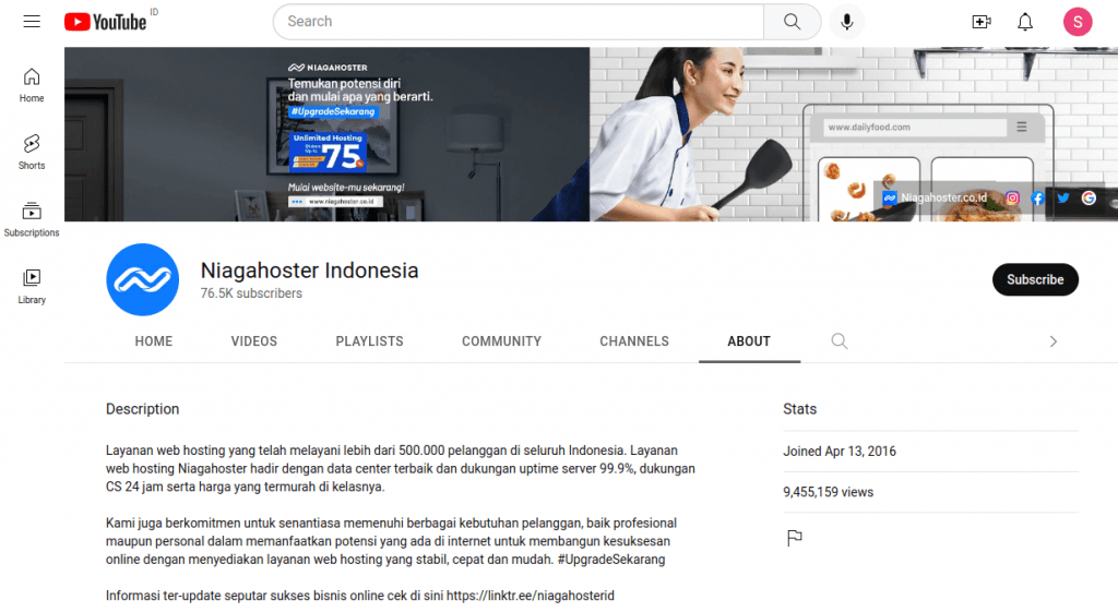 Halaman Profil Channel YouTube Niagahoster