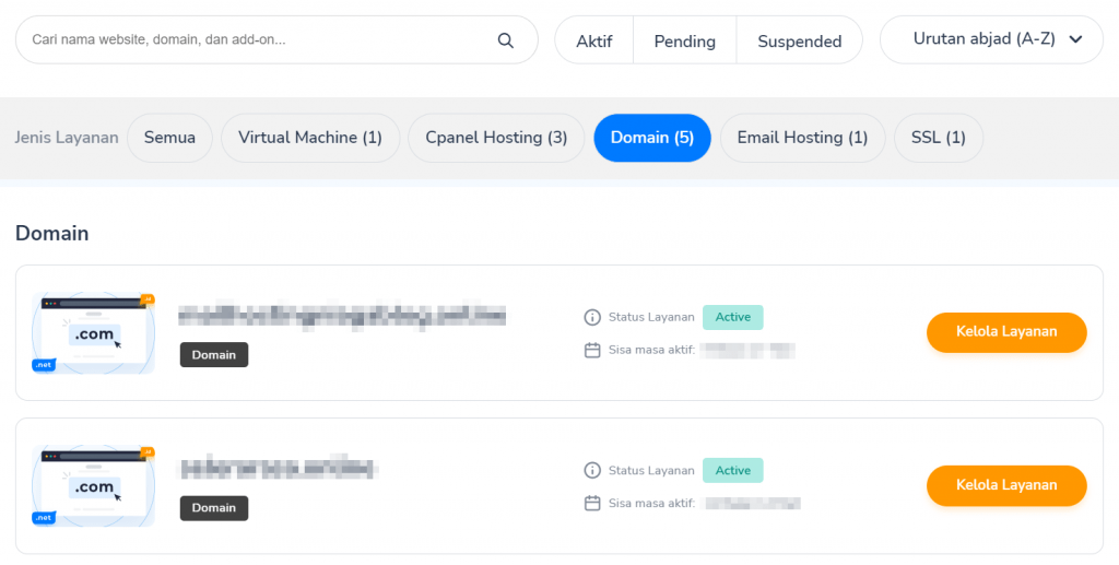 tombol kelola layanan domain niagahoster